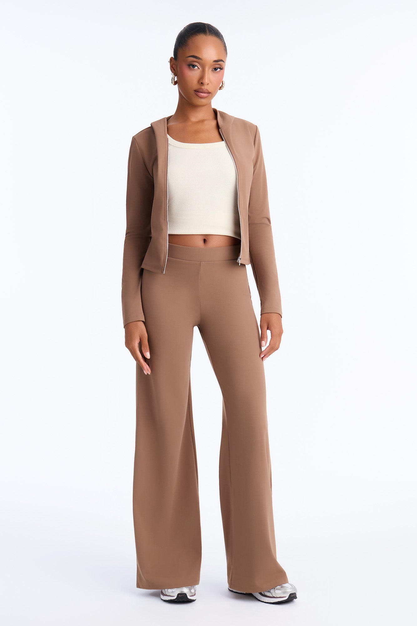 Casual Vibe Zip Up Hoodie Pant Set - Brown