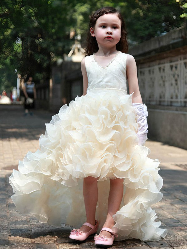 Beautiful Hi-Lo V-Neck Sleeveless Organza Flower Girl Dresses