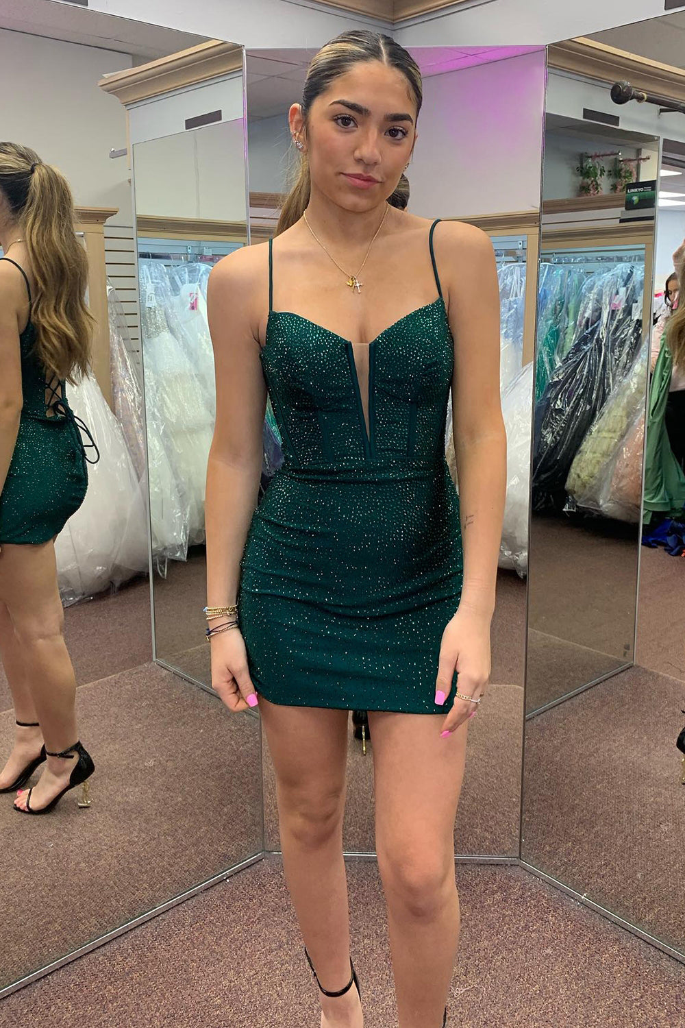 Sparkly Dark Green Corset Beaded Tight Short Homecoming Dress/Mini Dress