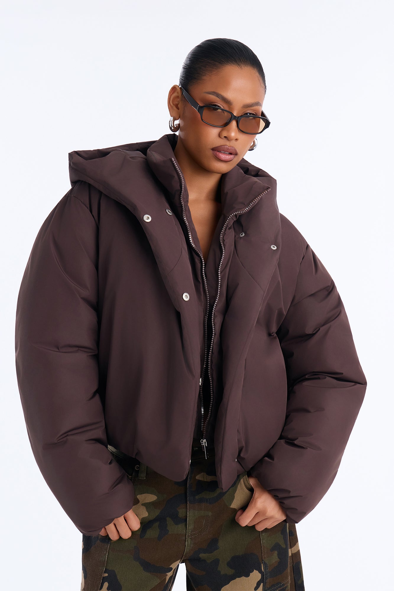 Hailey Hooded Nylon Blend Puffer Jacket - Chocolate