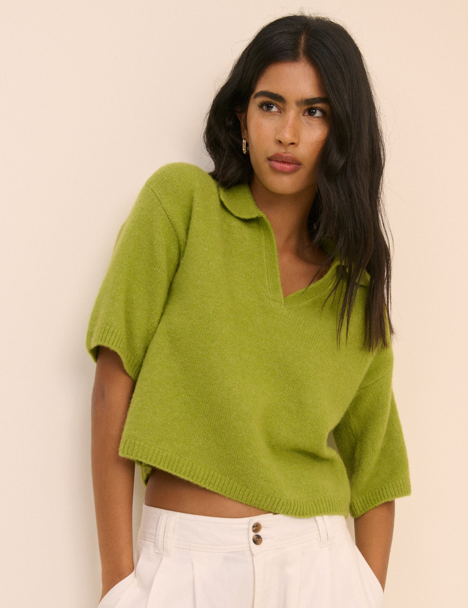 Green Open Collar Polo Knitted Top