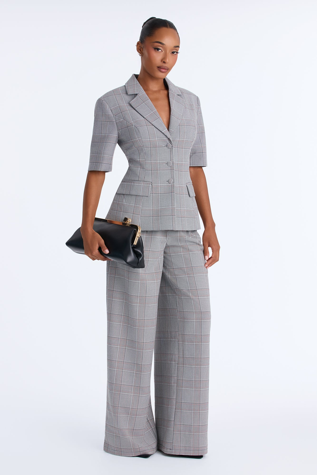 Report To Me Plaid Blazer Pant Set - Black/combo