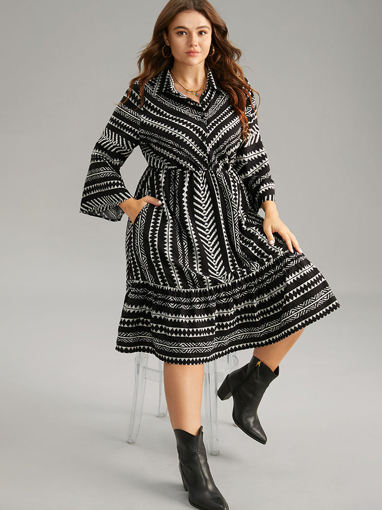 Bandana Striped Bell Sleeve Shirt Collar Dress