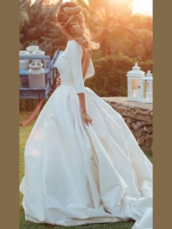 Gorgeous Jewel Neck 3/4 Long Sleeves Satin Ball Gown Wedding Dresses