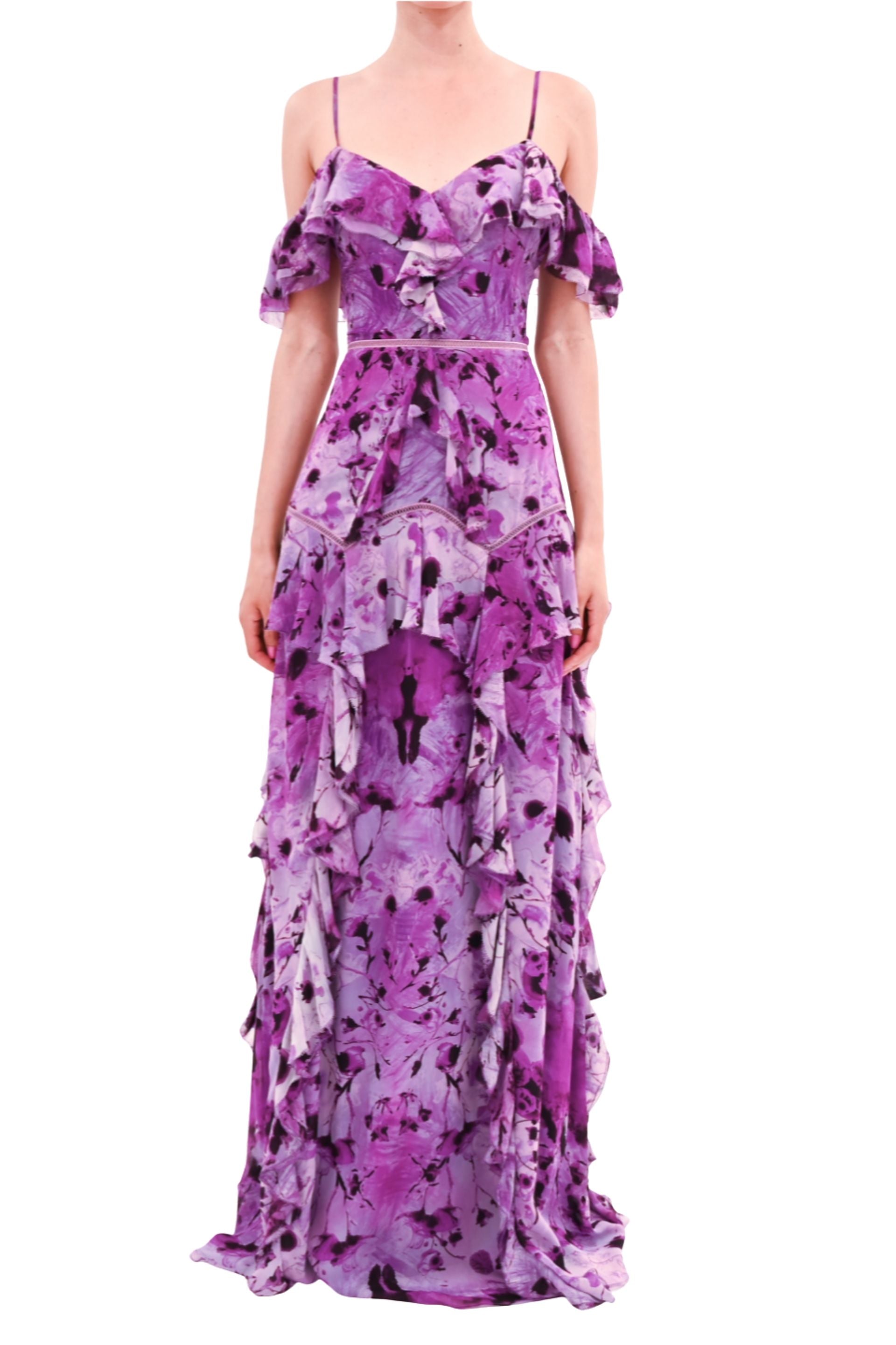 Painterly Print Georgette Off-Shoulder Gown
