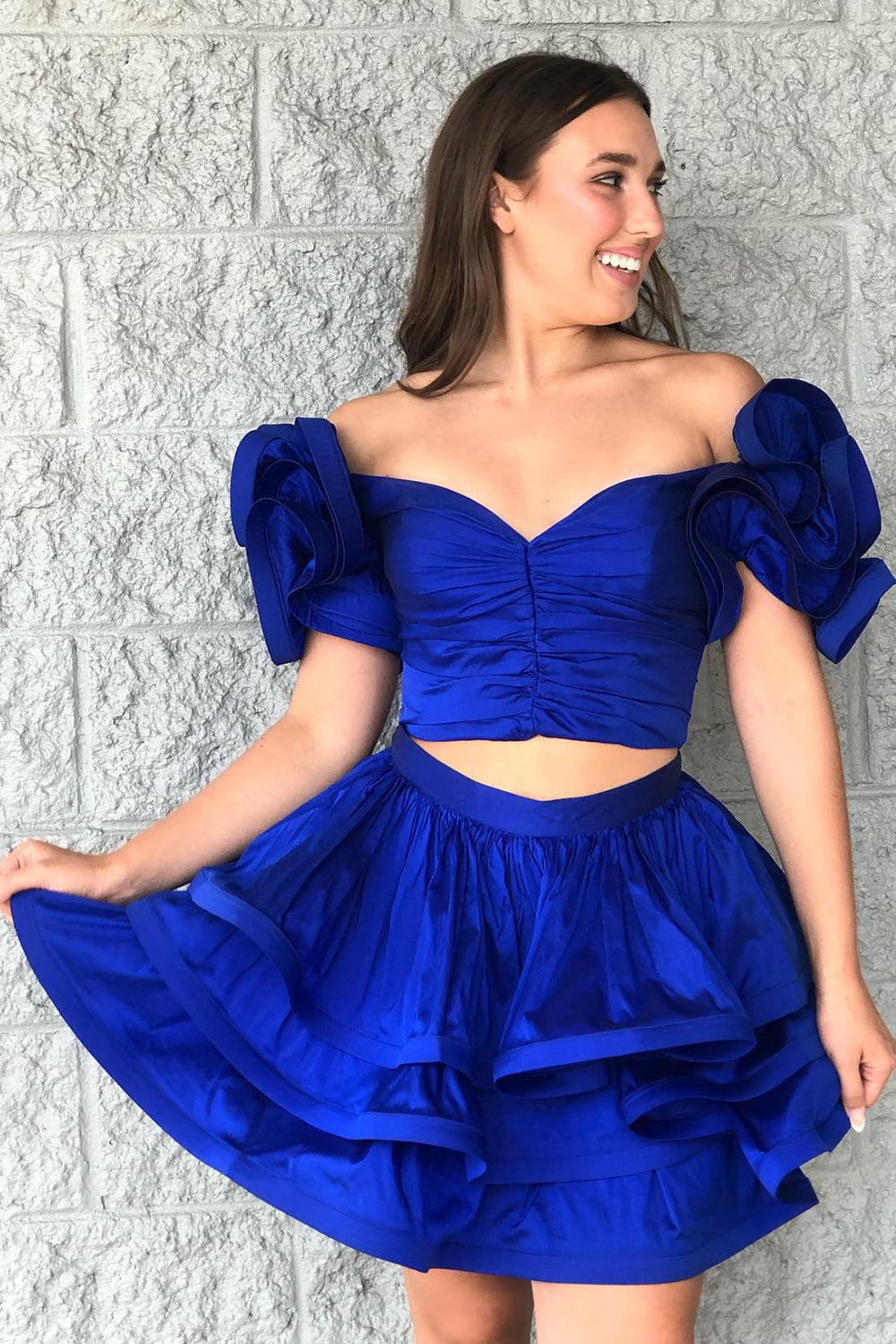 Royal Blue Off The Shoulder A Line Tiered Short Homecoming Dress/Mini Dress