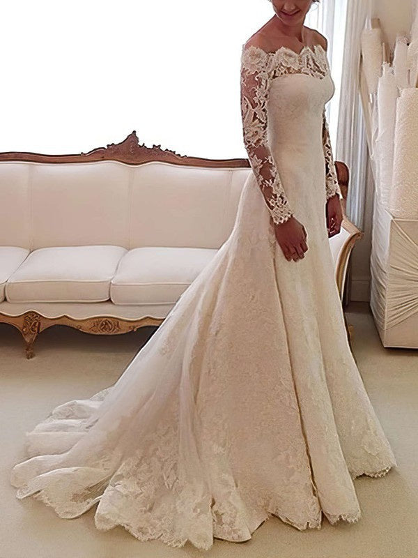 Elegant A-Line Off-The-Shoulder Long Sleeves Wedding Dresses with Sweep Train