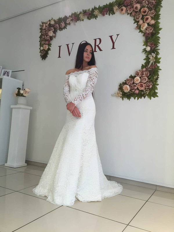 Glamorous Long Sleeves Mermaid Off-The-Shoulder Lace Sweep Train Wedding Dresses