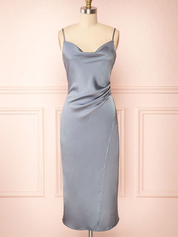 Trendy Satin Tea-Length Column Cowl Neck Sleeveless Bridesmaid Dresses