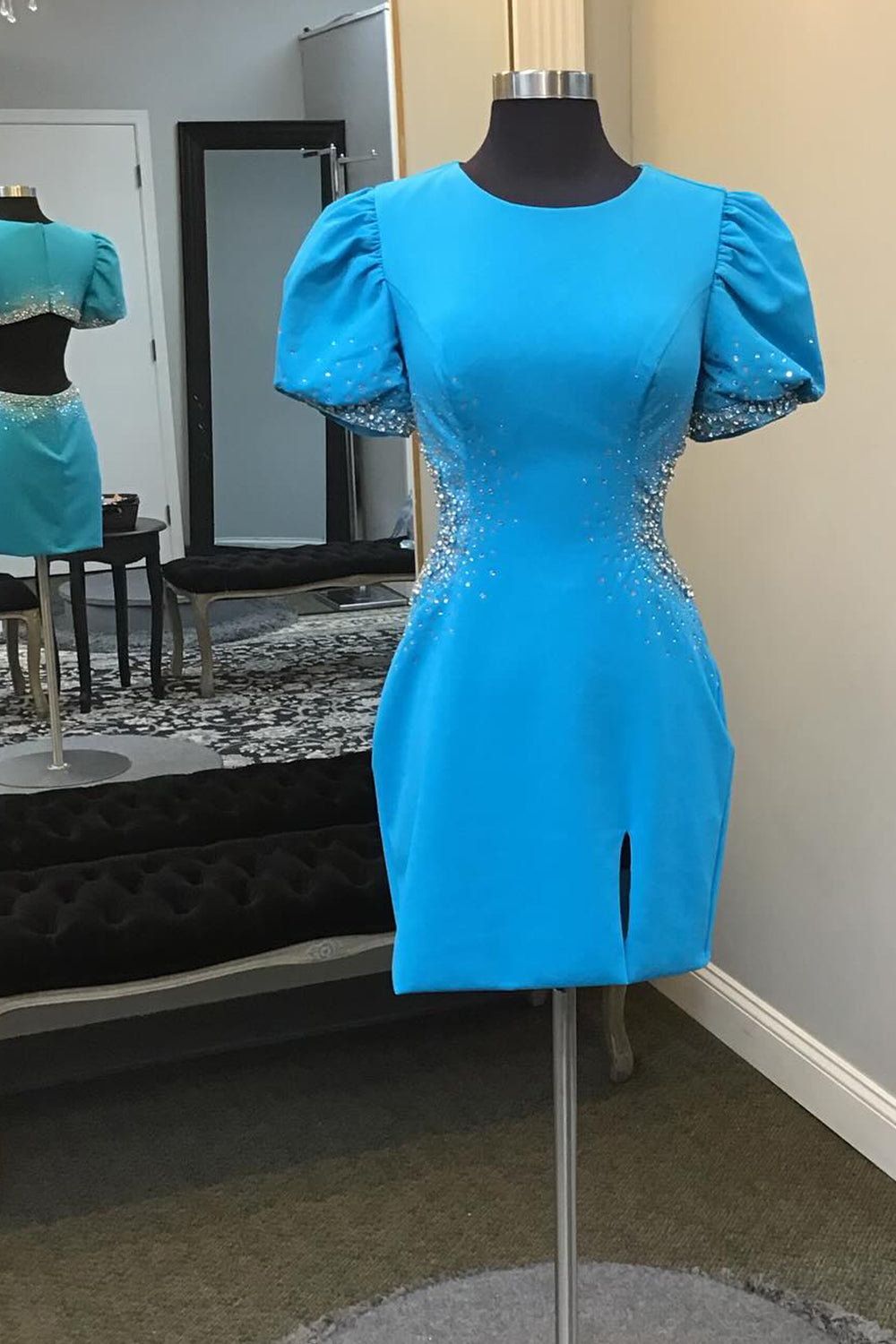 Blue Beaded Puff Sleeves Short Homecoming Dress/Mini Dress