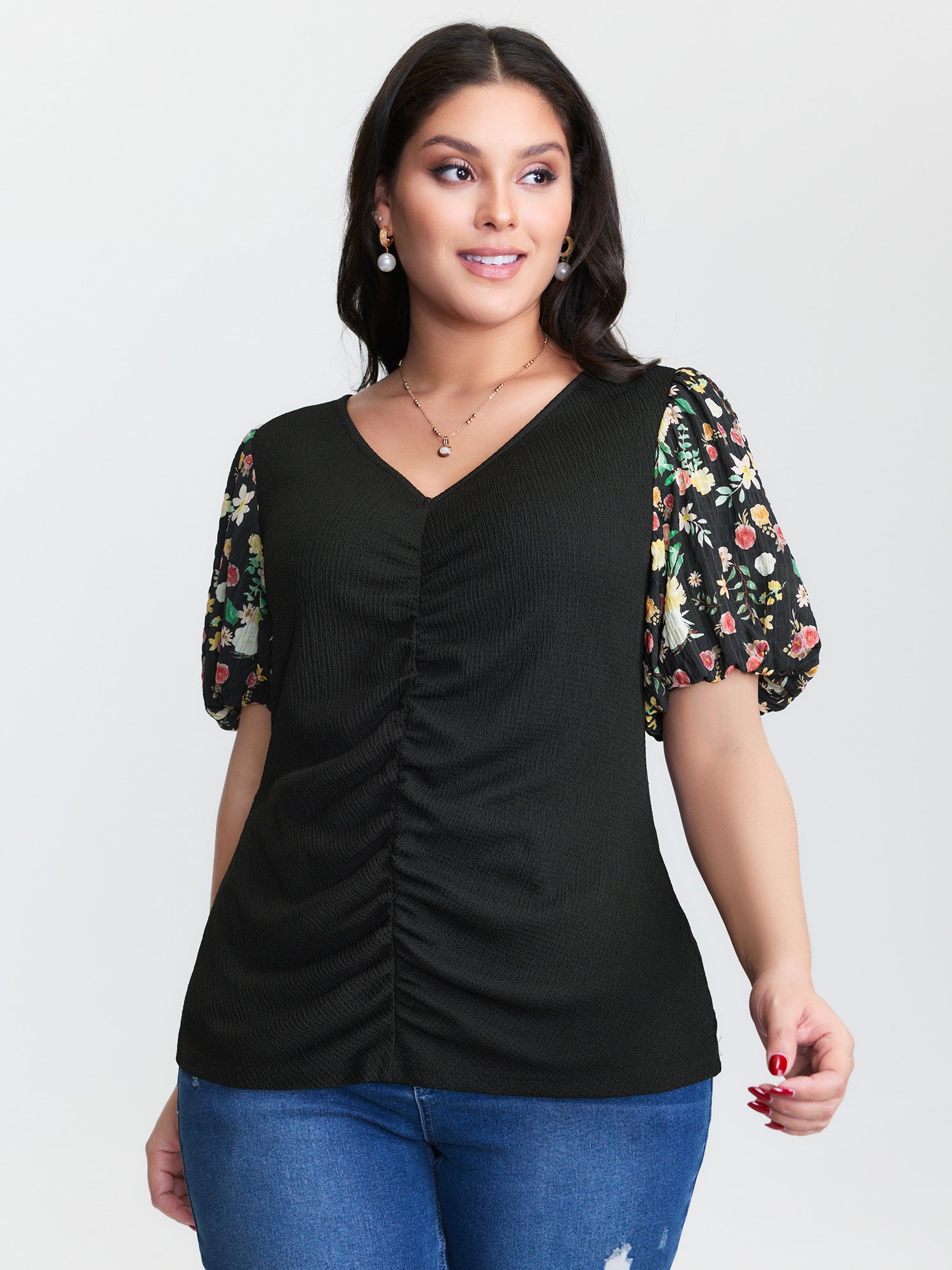 Colorful Floral Print Ruched T-Shirt