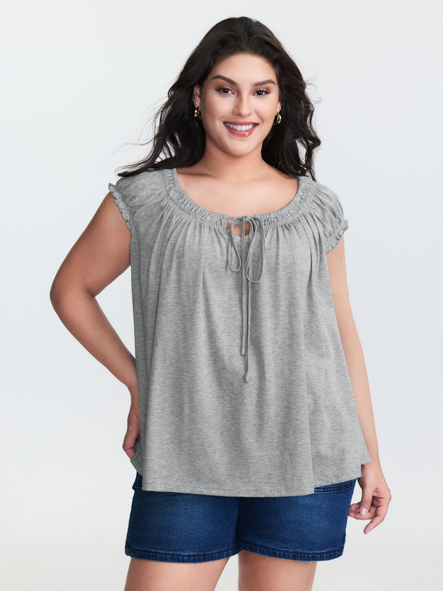 Supersoft Shirred Drawstring Neckline Flowy Top