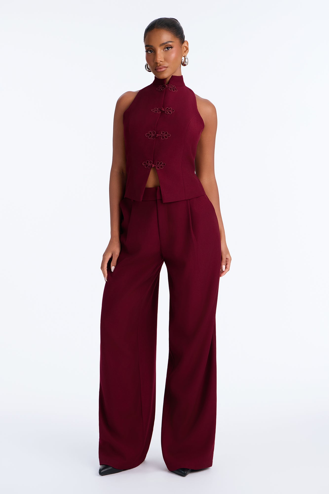 Cleo Frog Clasp Pant Set - Burgundy