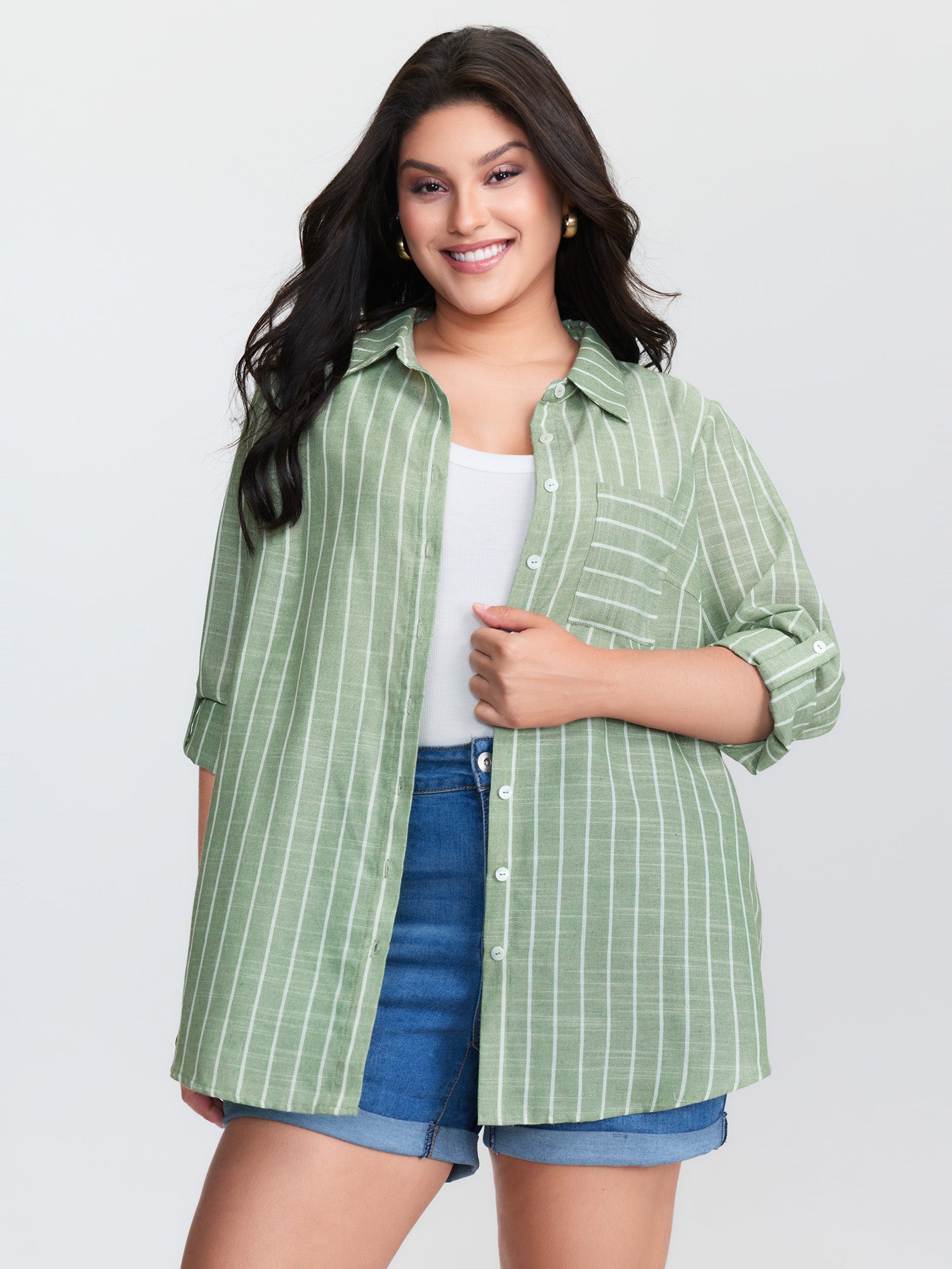 Striped Tab Sleeve Button-Down Shirt