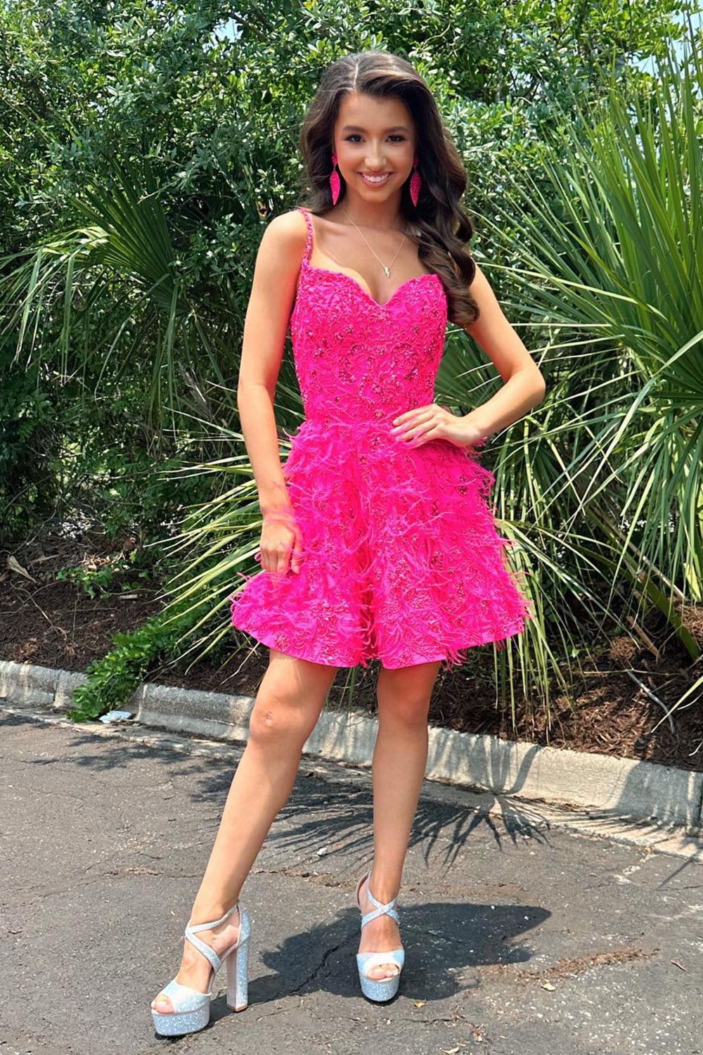 Sparkly Fuchsia A-Line Lace Short Homecoming Dress/Mini Dress with Feathers