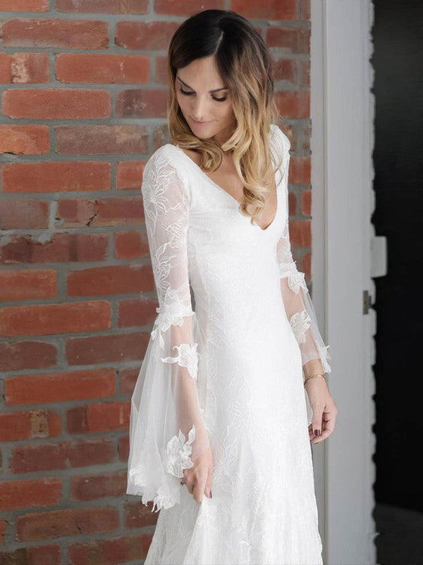 Elegant Long Sleeves Lace V-Neck Sheath Wedding Dresses with Court Train
