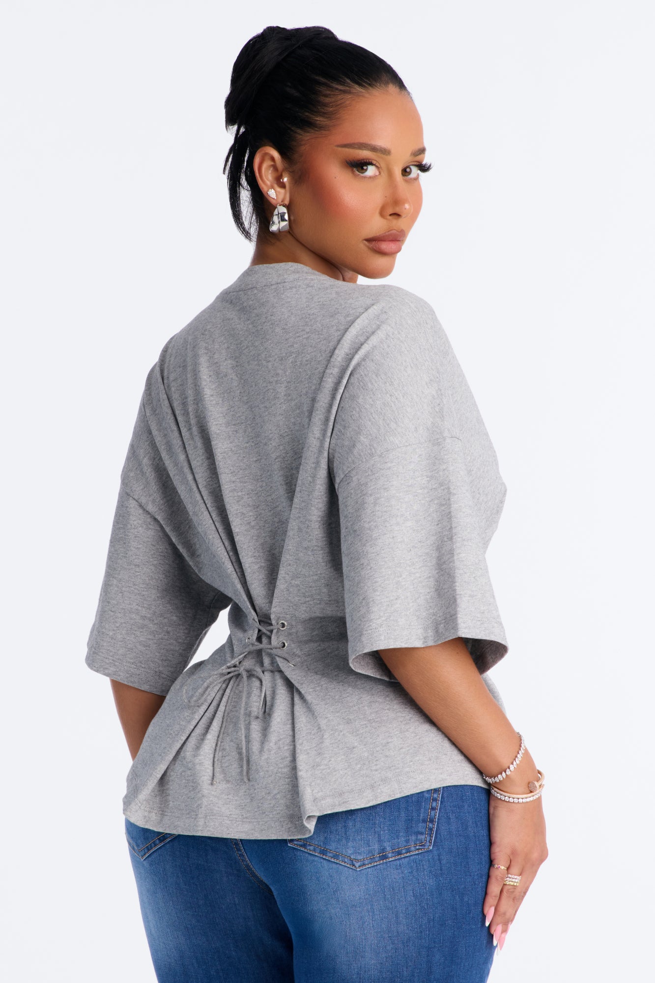 Cotton Lace Up Back T Shirt - Heather Grey