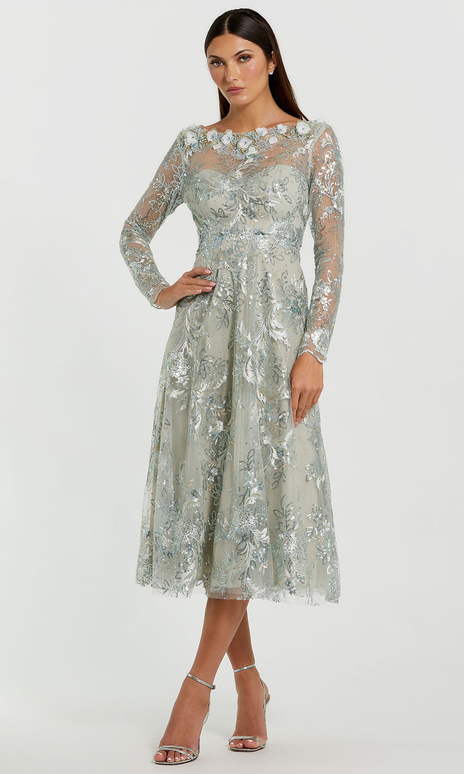 Mac Duggal 68898 - Bateau Embroidered Mesh Midi Evening Dress