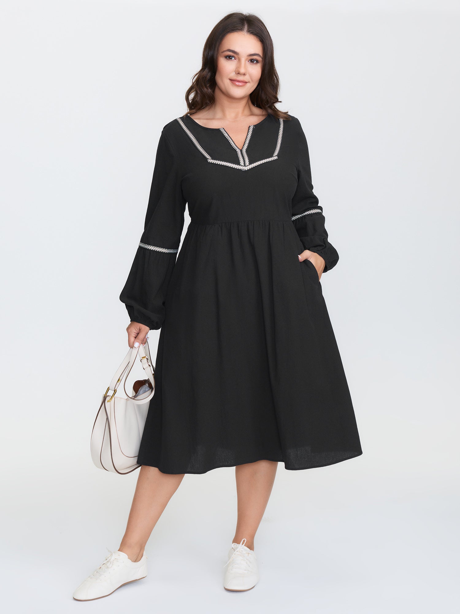 Color Contrast Balloon Sleeve Midi Dress