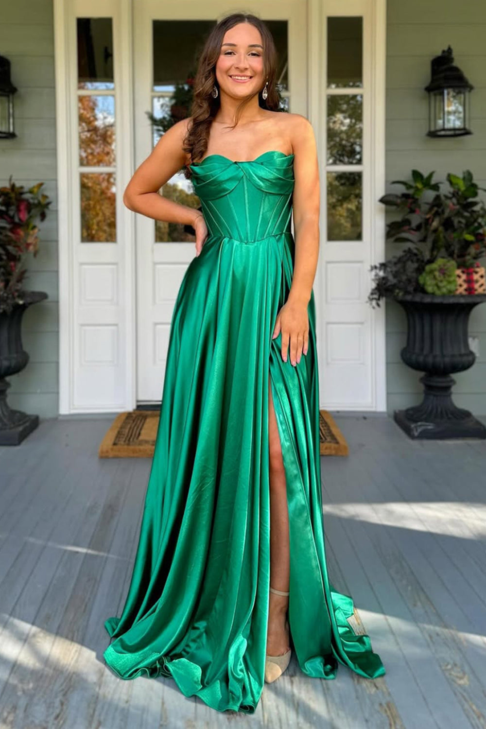 Sweetheart Dark Green Long Satin A-Line Corset Prom Dress with Ruched Detail and Slit