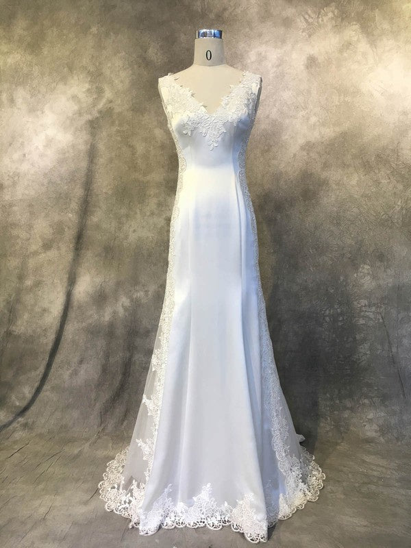 Gorgeous Sheath V-Neck Sleeveless Satin Lace Chapel Train Wedding Dresses