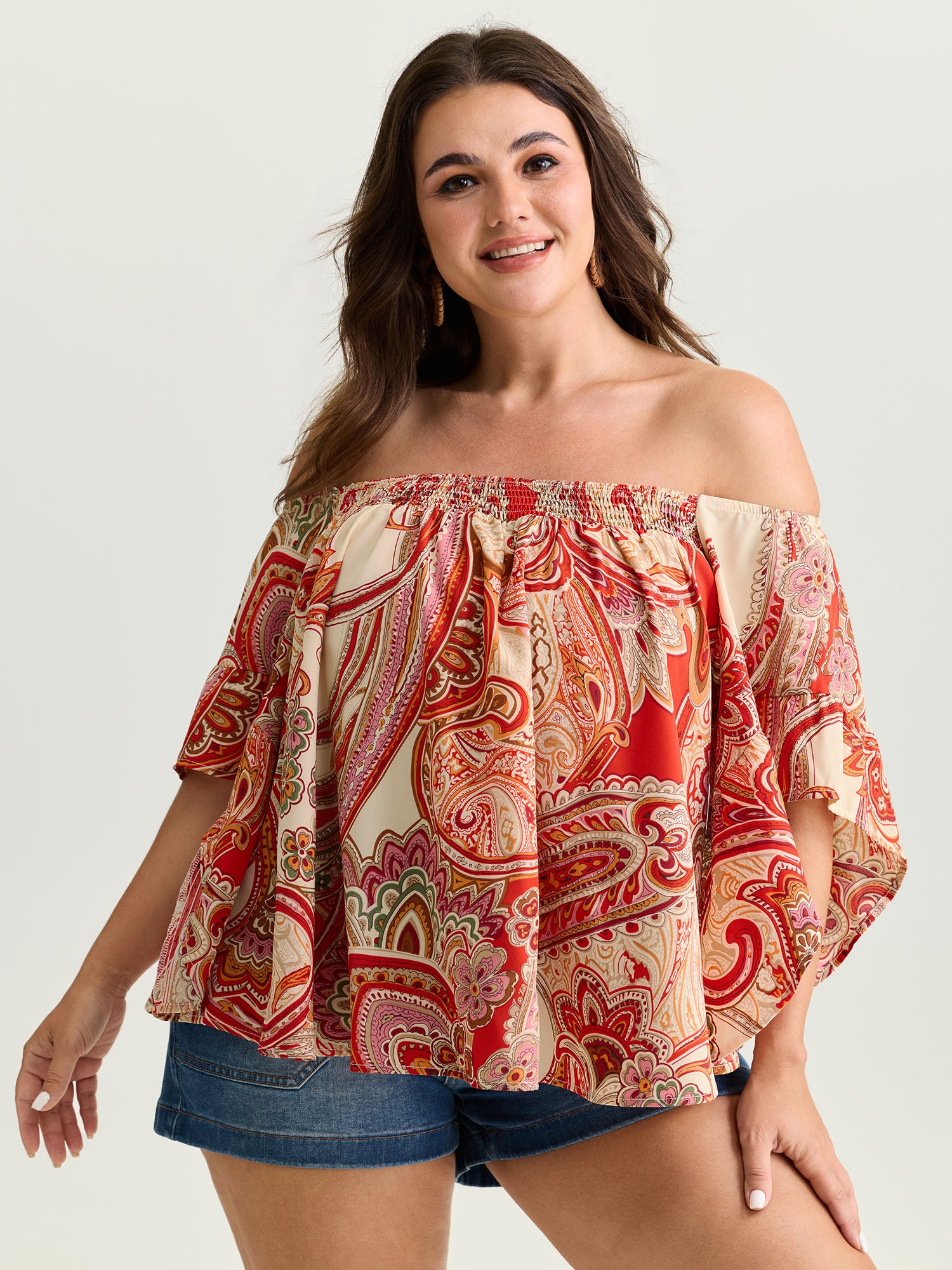 Colorful Paisley Print Off-Shoulder Blouse