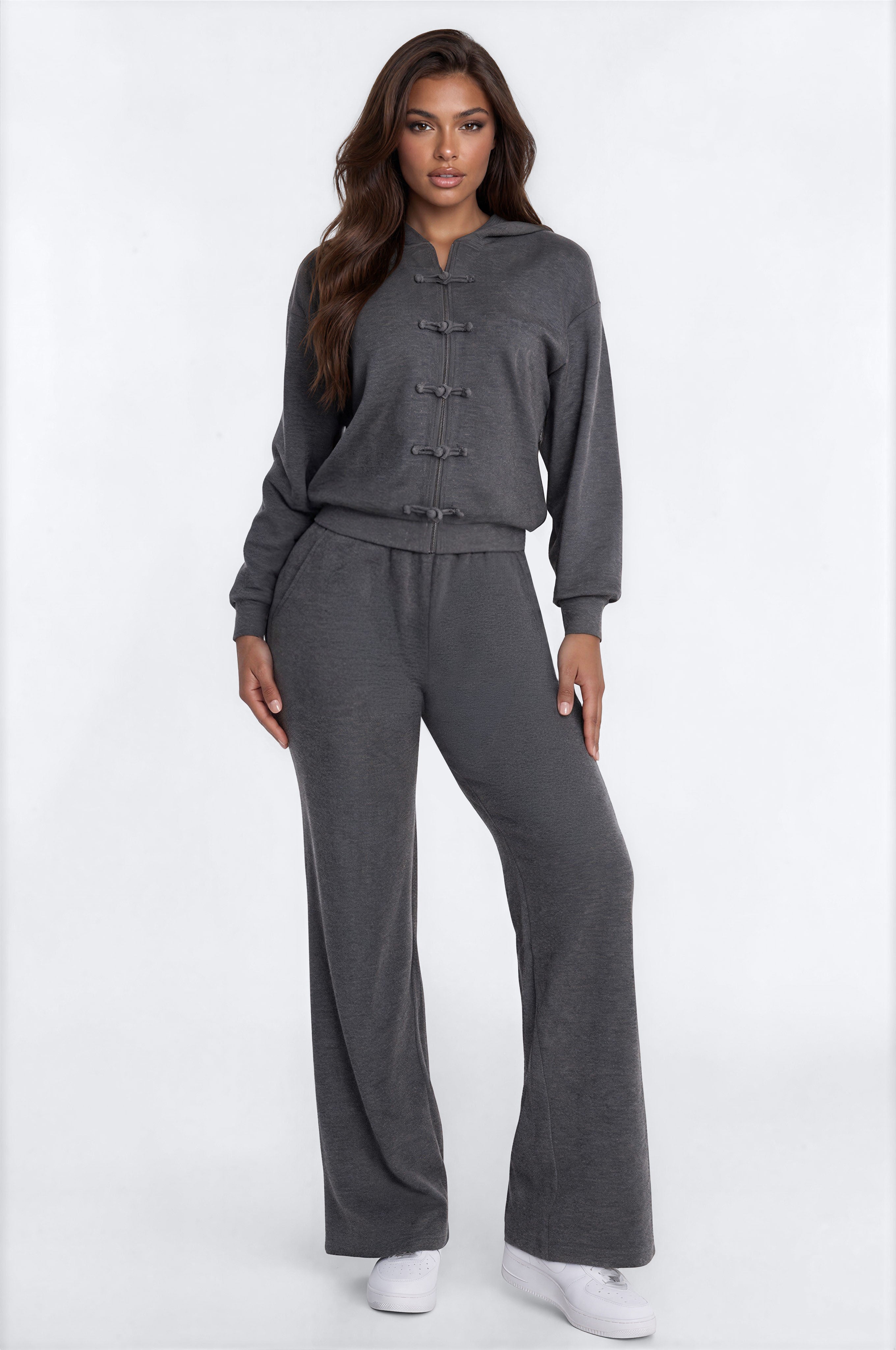 Addison Frog Bit Wide Leg Pant Set - Charcoal