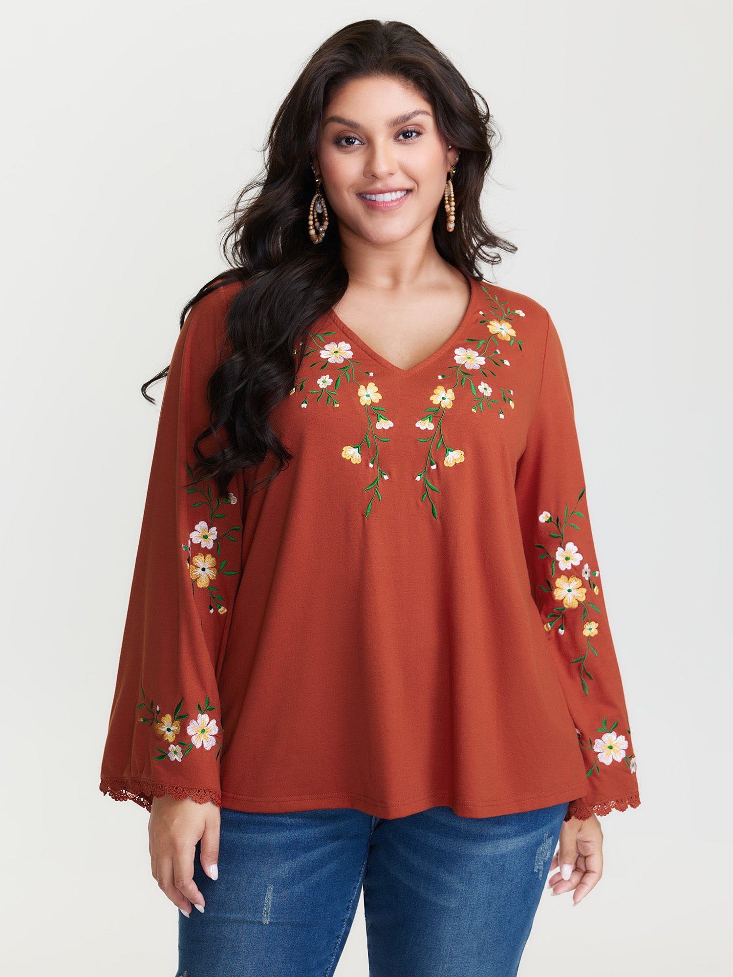 Floral Embroidered Lace Knit T-Shirt