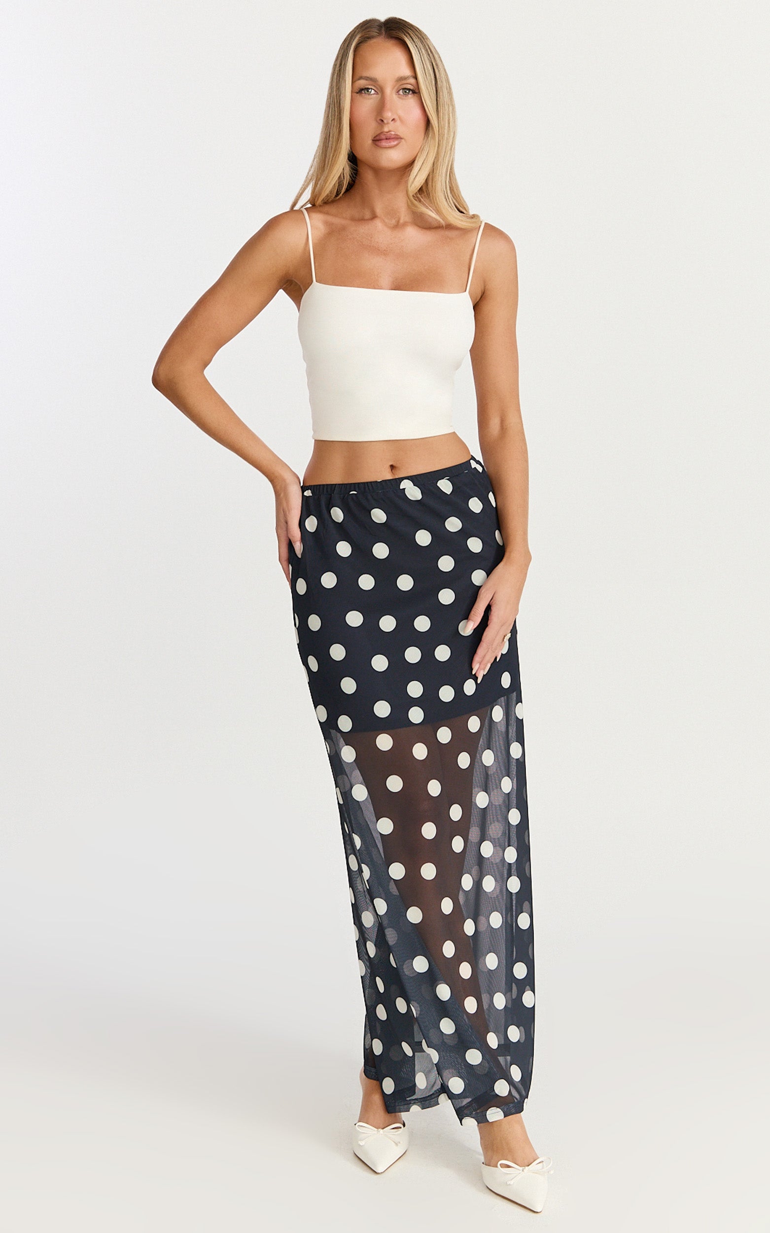 Ella Midi Skirt - Sheer Layered Skirt in Navy Polka Dot