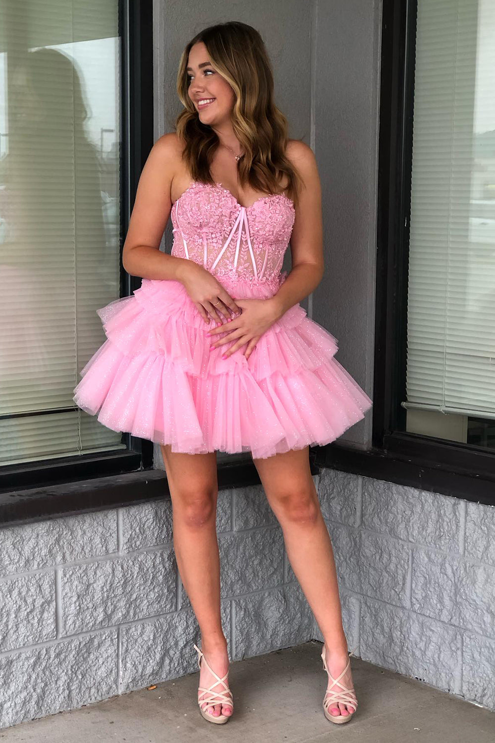 Sparkly Pink Corset Tiered Short A-Line Tulle Homecoming Dress/Mini Dress with Lace