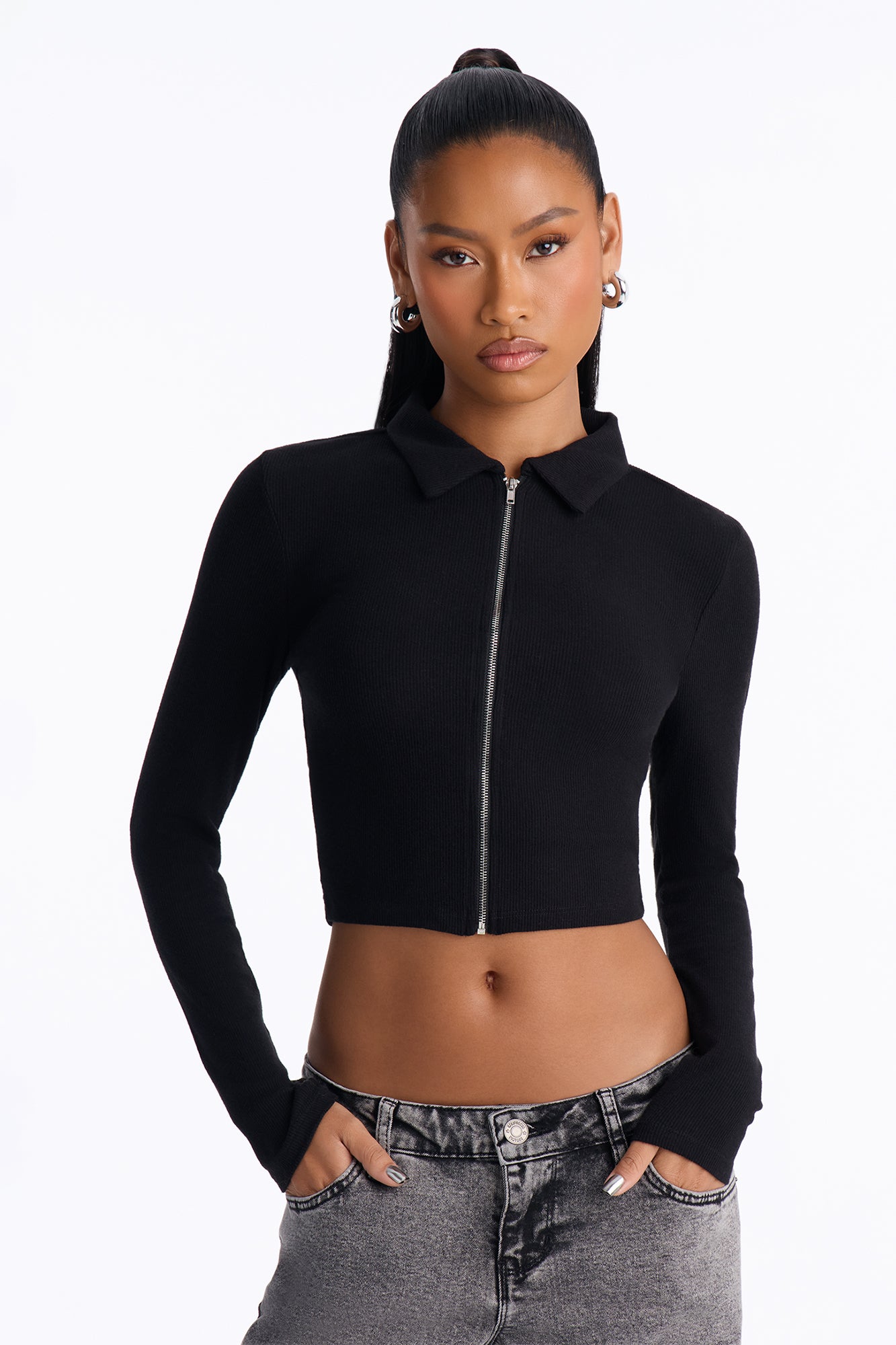 Jessica Collared Full Zipped Rib Long Sleeve Top - Black