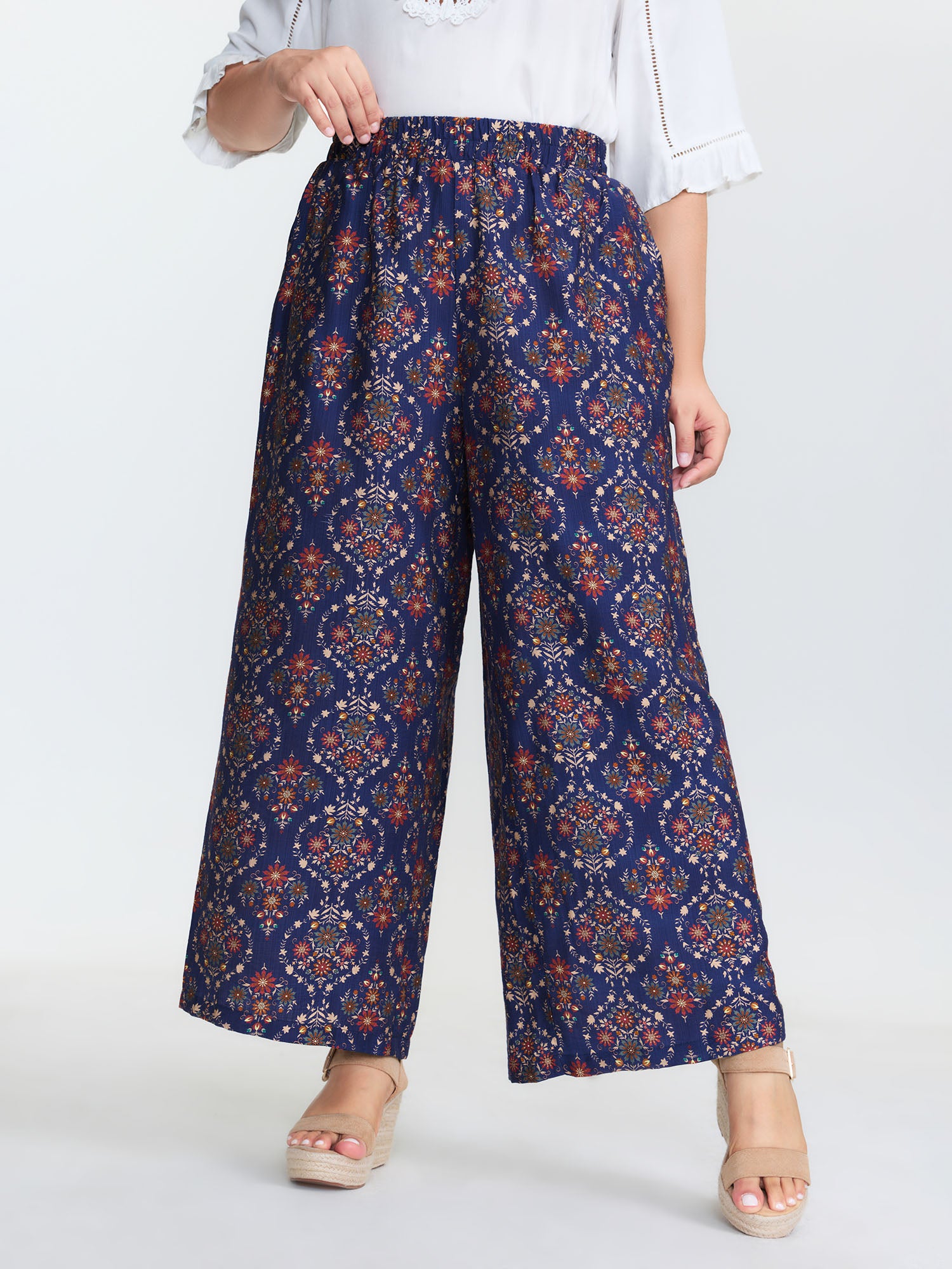 Geometric Print Wide Waistband Straight Leg Pants