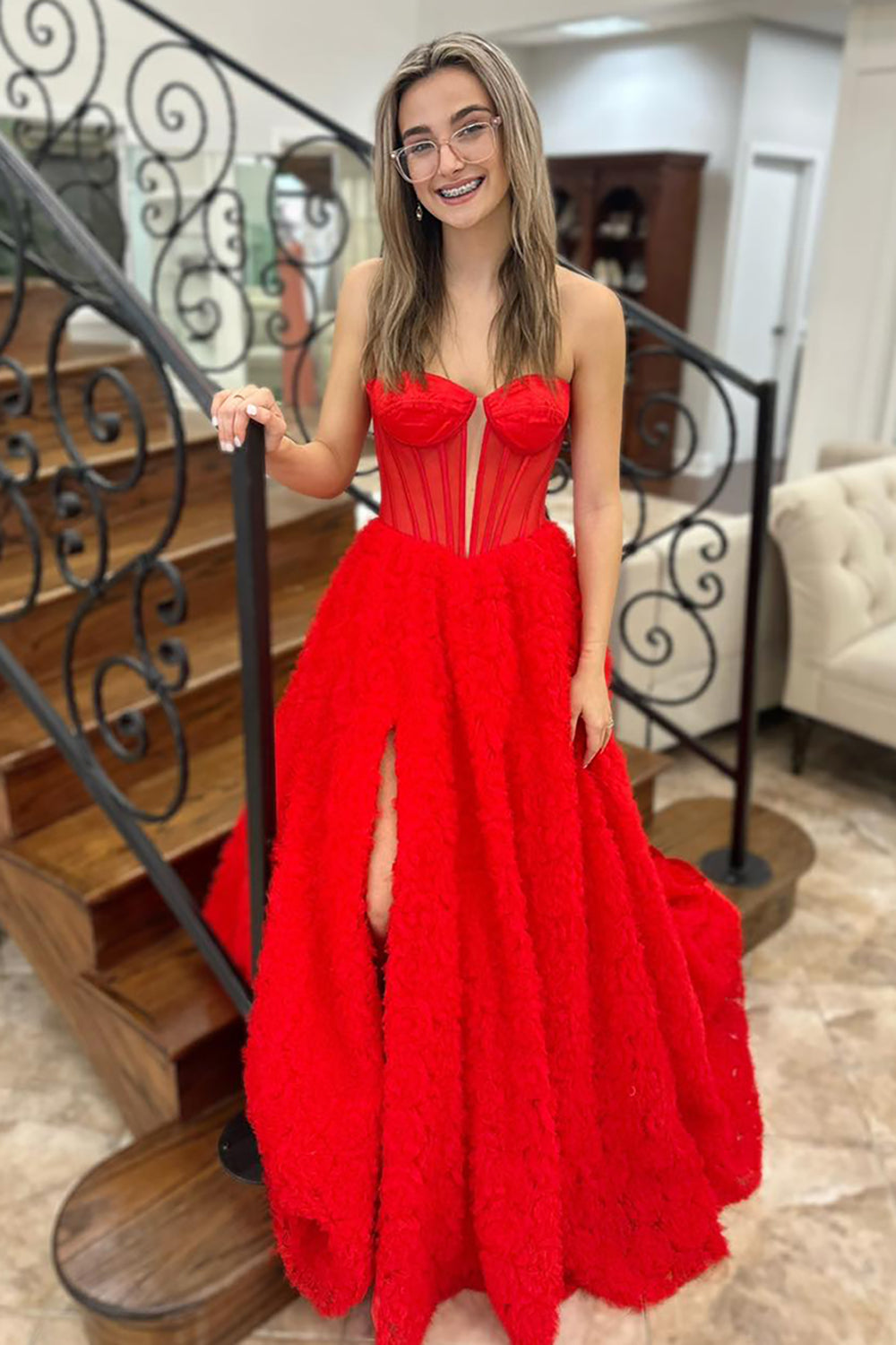 Red Sweetheart Princess Corset Prom Dress in Long Tiered Tulle with Slit