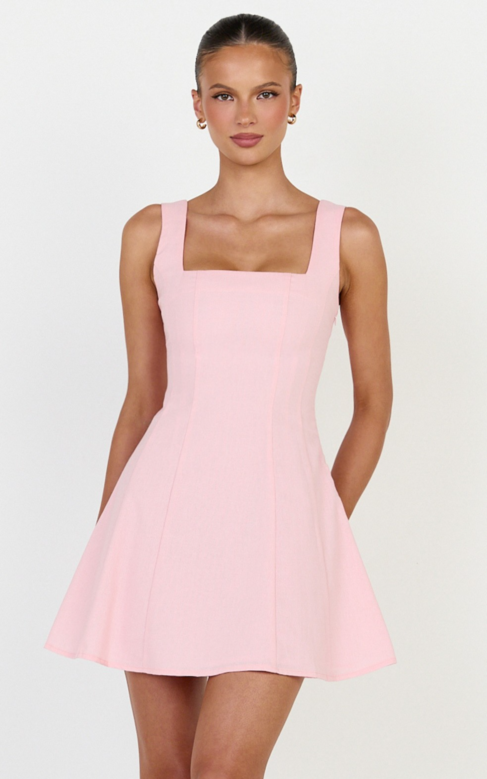 Adiana Mini Dress - Linen Square Neck Shirred Back A Line Dress in Pink