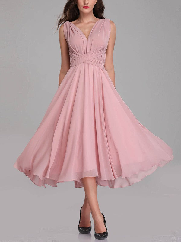 Trendy A-Line V-Neck Sleeveless Chiffon Tea-Length Bridesmaid Dresses