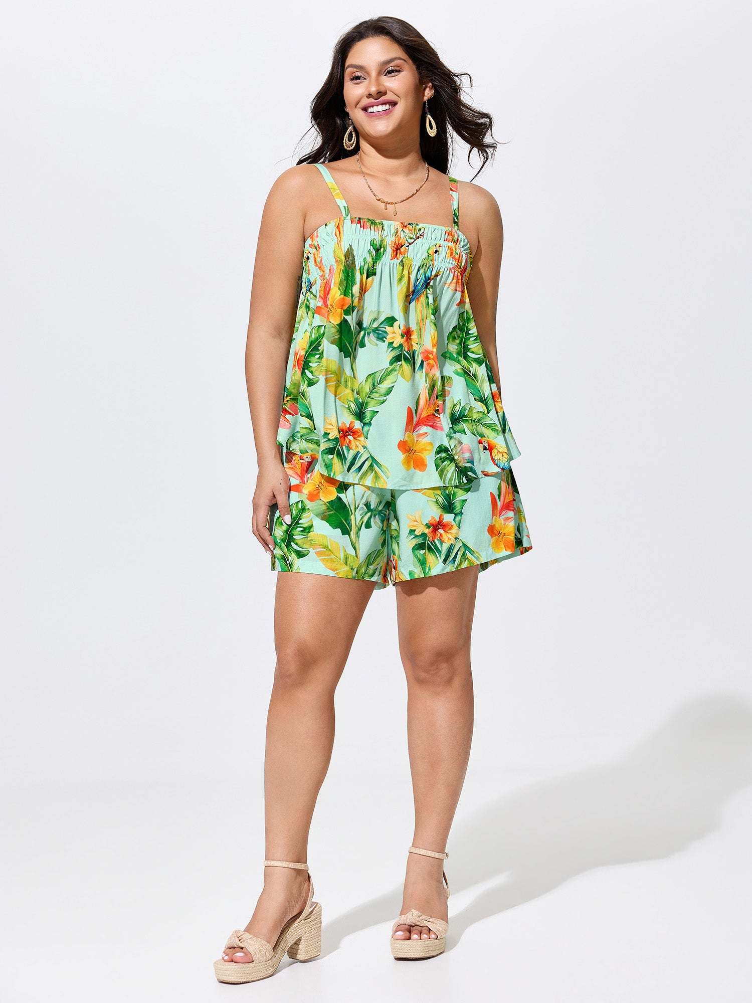 Tropical Breeze Print Elastic Waist Shorts