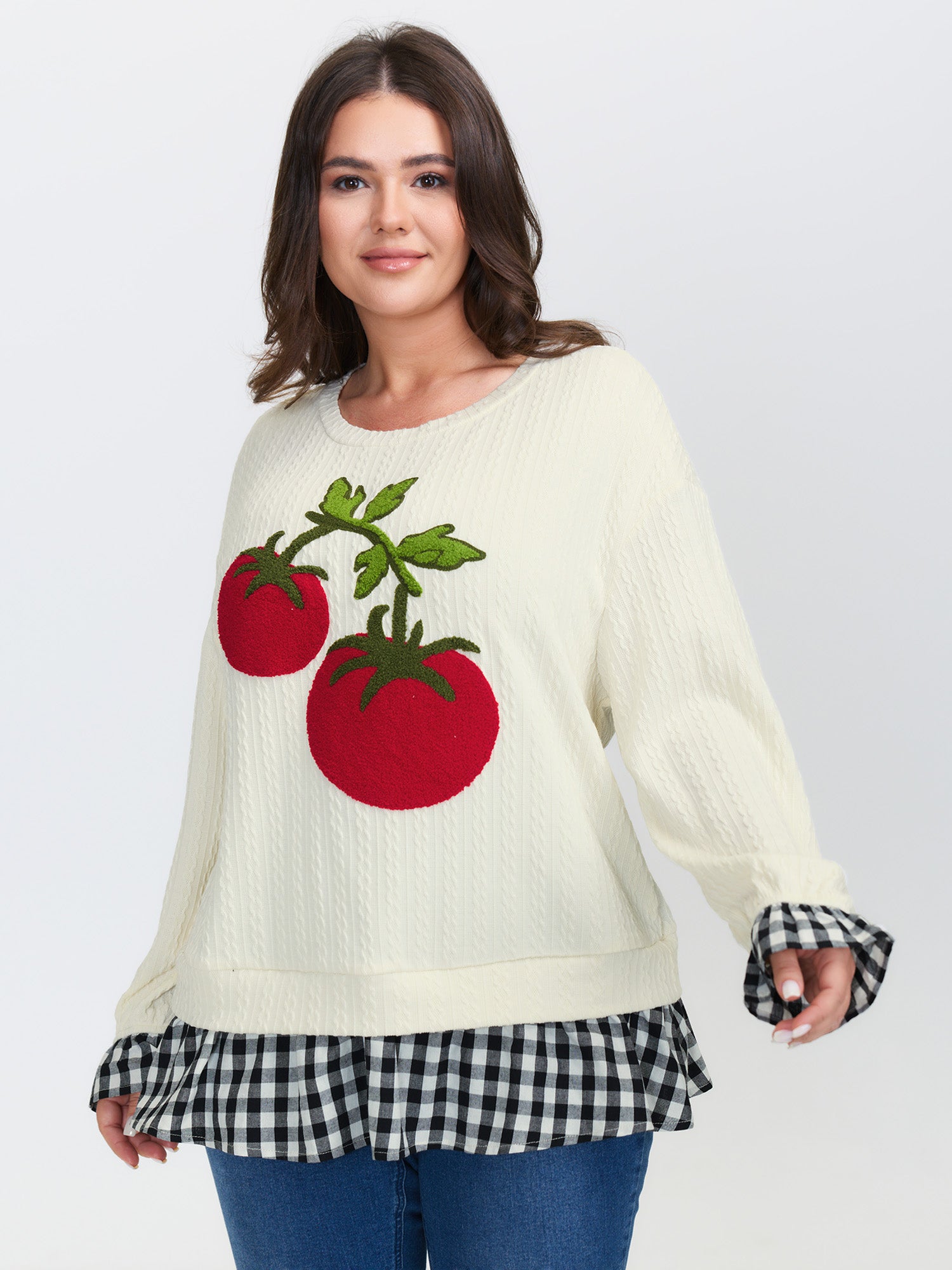Tomato Embroidery Textured Contrast Sweatshirt