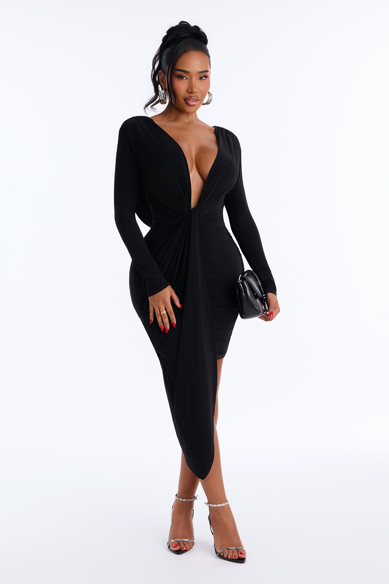 Meet Me At The Rooftop Ruched Draped Backless Midi Dress - Black