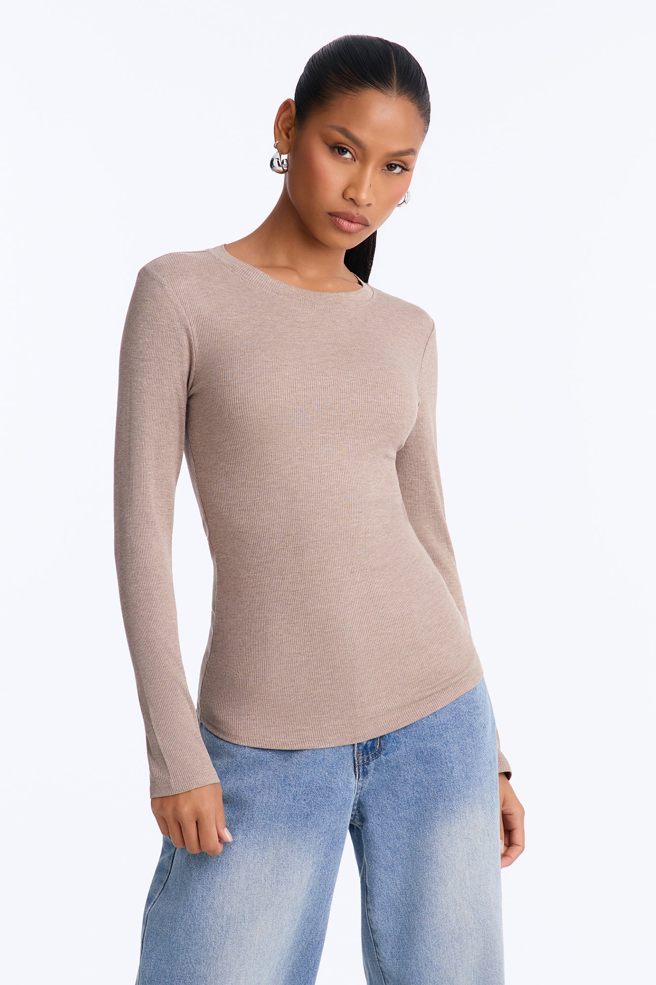 Poppy Ribbed Fitted Long Sleeve Tee - Mocha