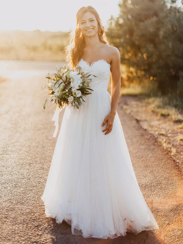 Gorgeous Sweetheart Strapless Floor-Length Tulle A-Line Wedding Dresses