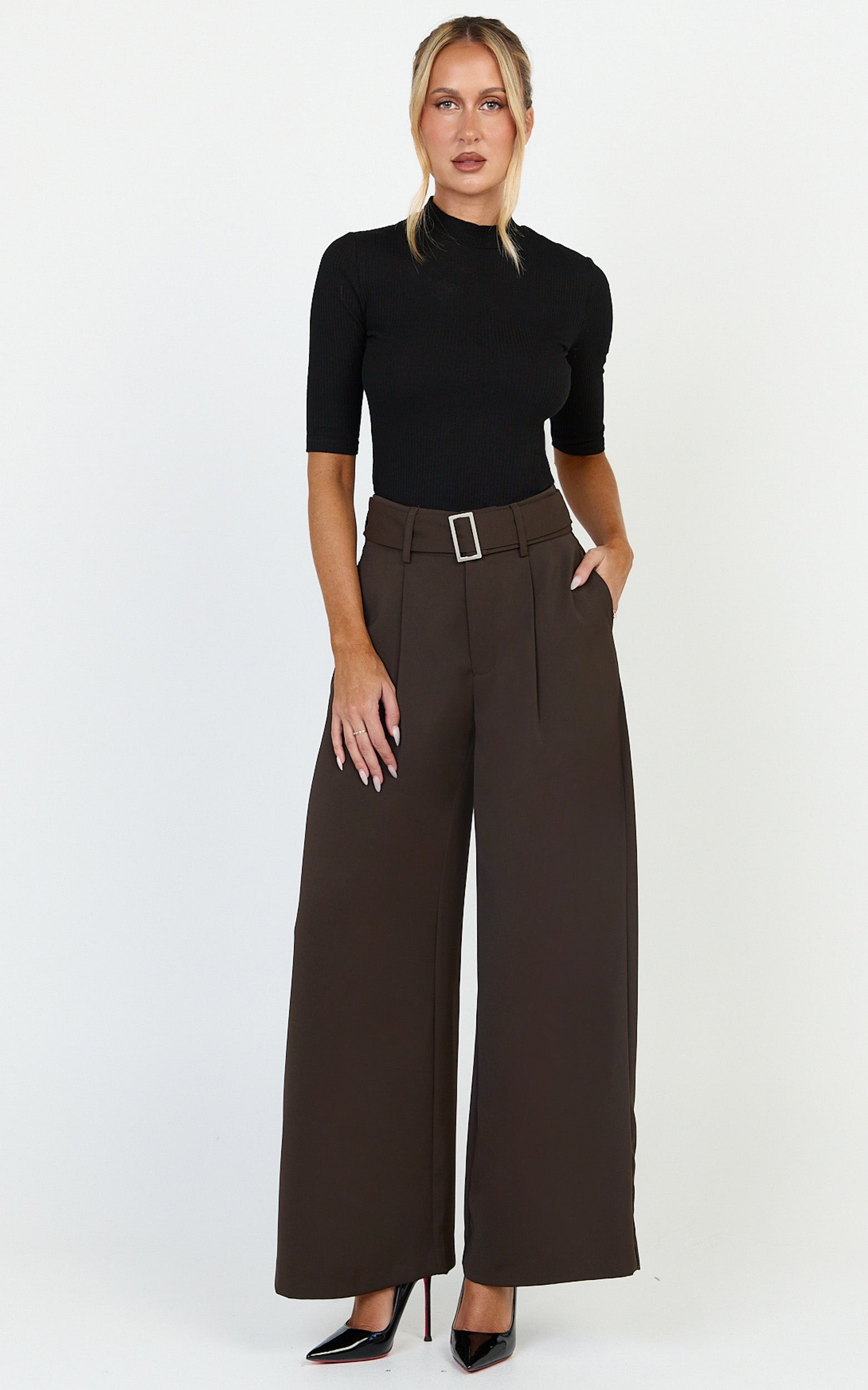 Stella Pants - High Waist Belted Wide Leg Pants in Dark Brown