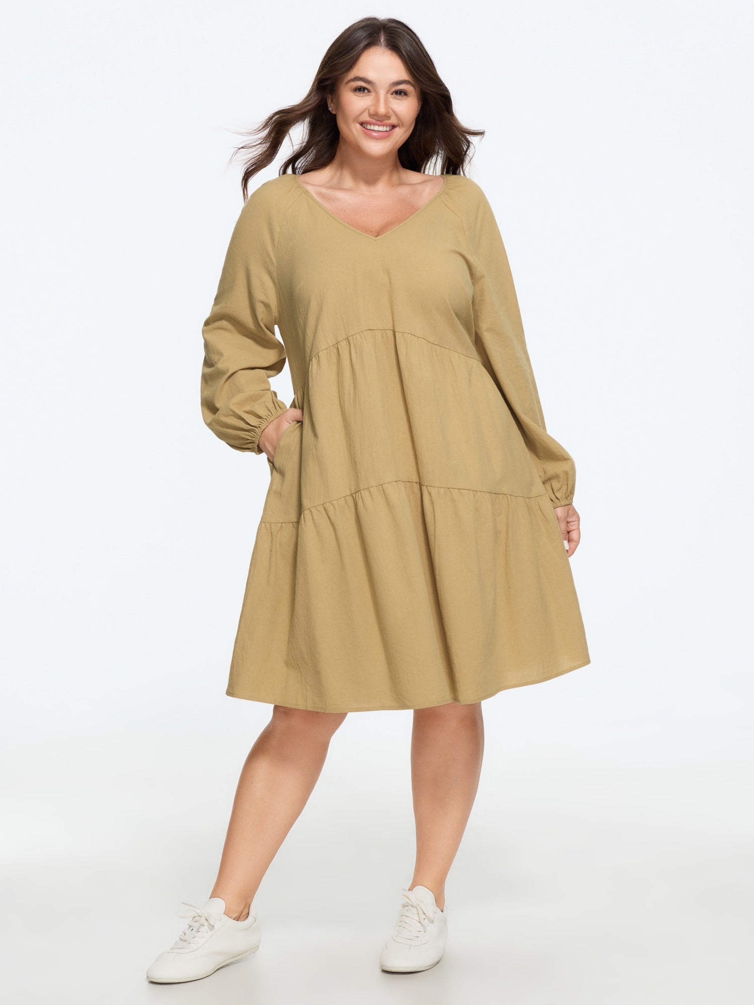 Cotton Textured V‑Neck Tiered Mini Dress