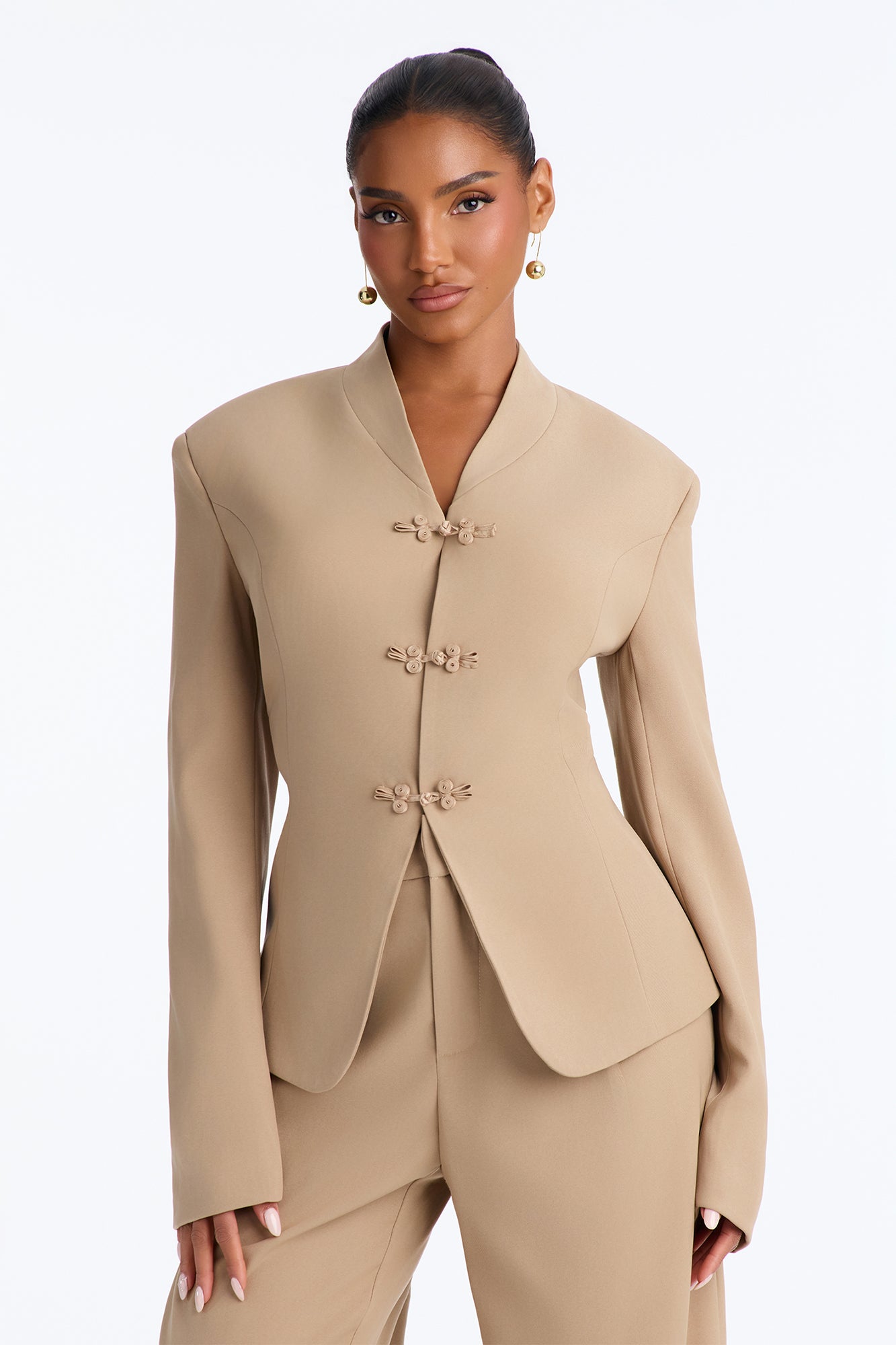 Lila Frog Clasp Trouser Pant Set - Tan