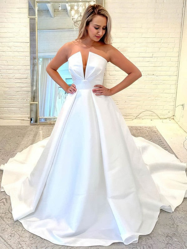 Classic V-Neck Strapless Satin Chapel Train Ball Gown Wedding Dresses