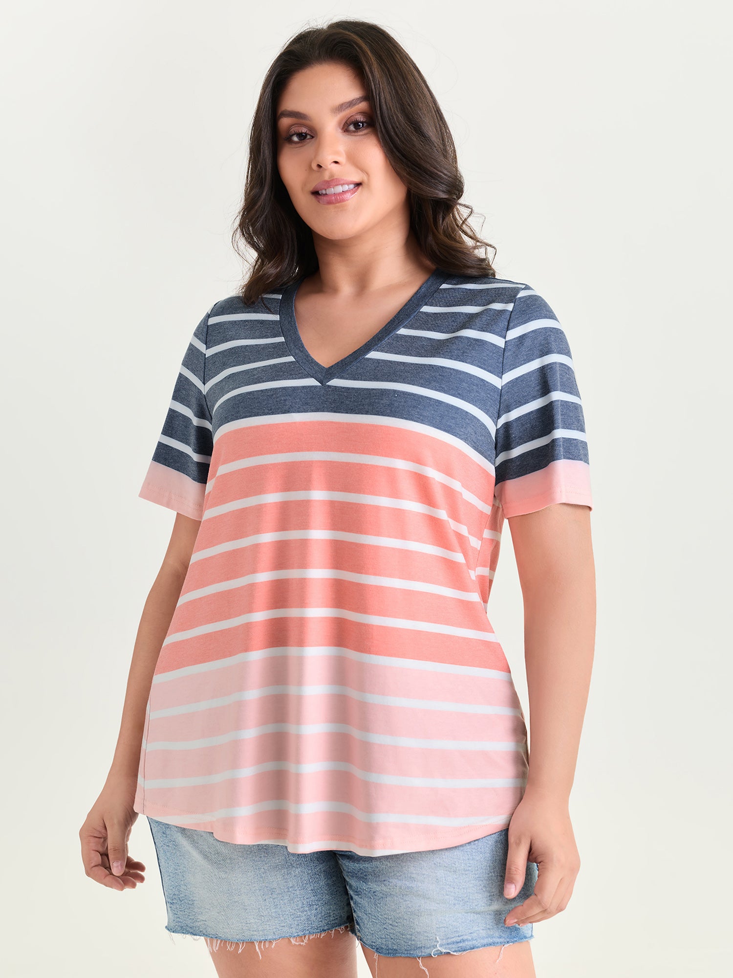 Supersoft Stretchy Colorful Striped Print V-Neck T-Shirt