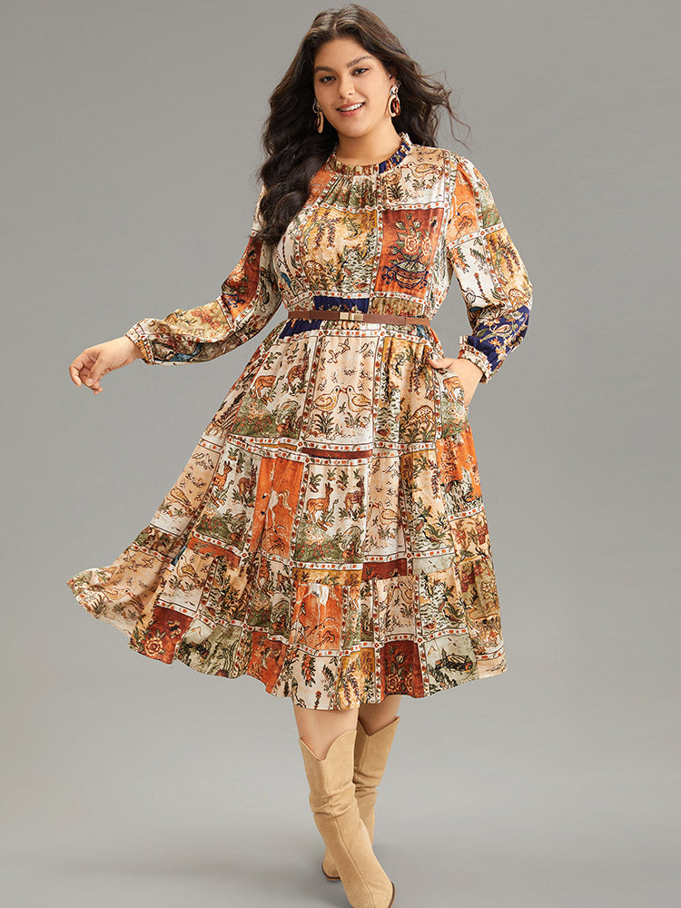 Boho Print Stand Collar Pleated Lantern Sleeve Dress