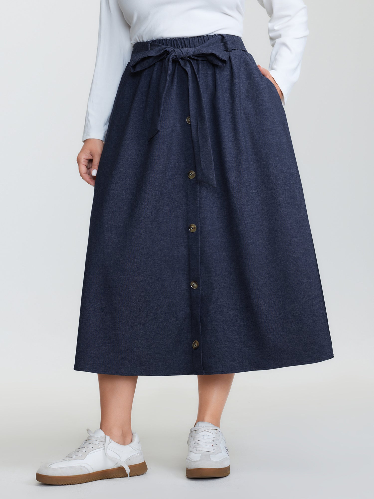 Stretchy Button Detail Waist-Tie Maxi Skirt