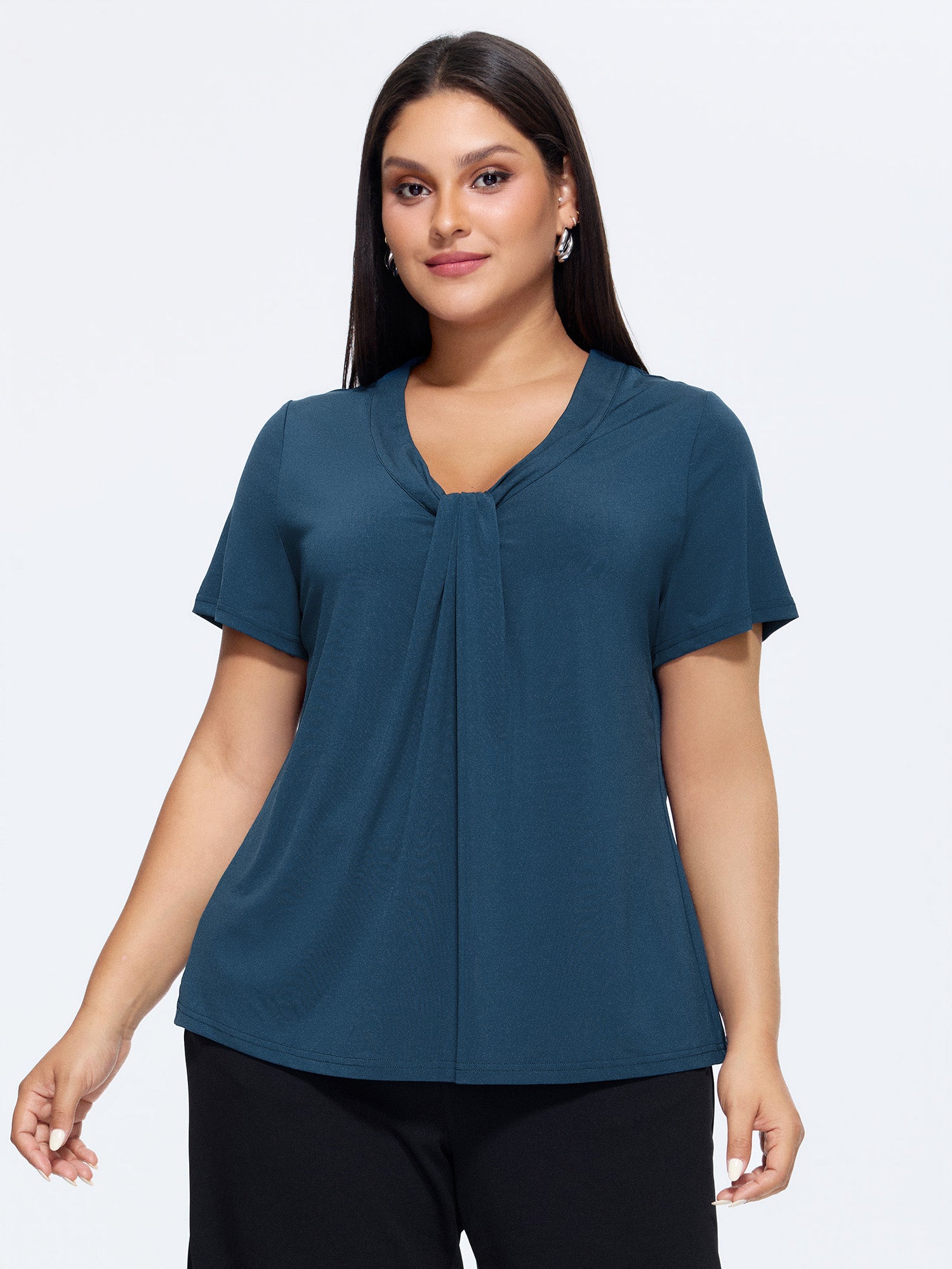 Stretchy Knotted Draped Neckline Blouse