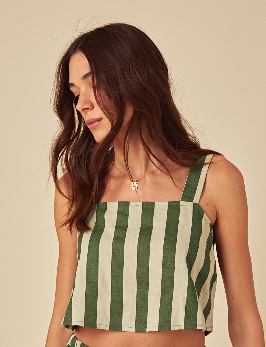 Green Striped Linen-Rich Swing Top