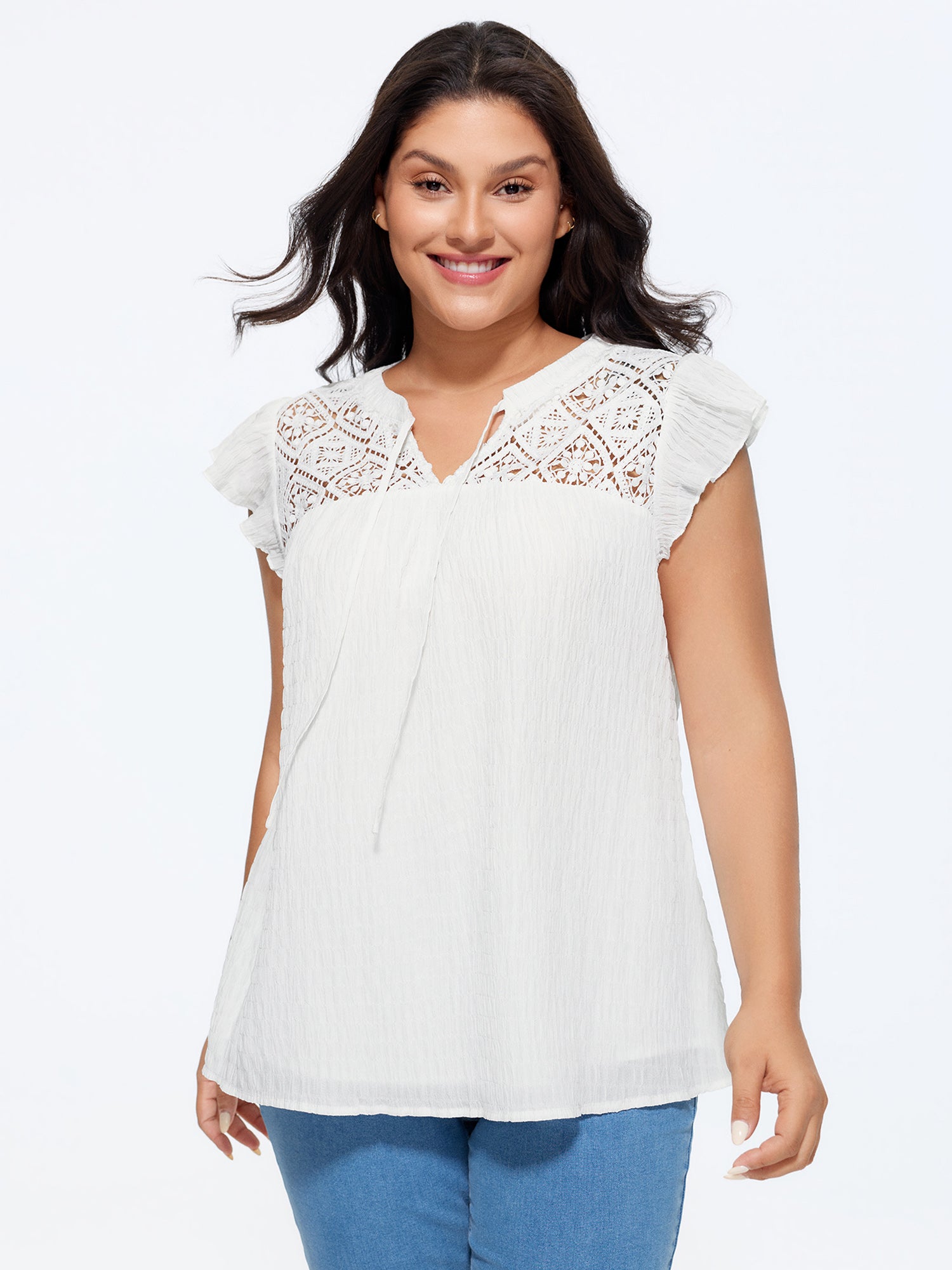 Cotton Textured Neckline Flutter Sleeve Blouse